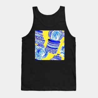 Blue and white chinoiserie jars on yellow background Tank Top